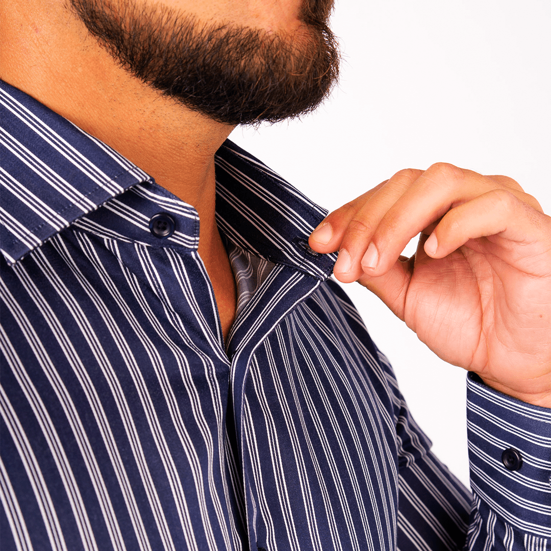 Camisa Slim Fit Rayas Azul Algodón Stretch - BARBADENS