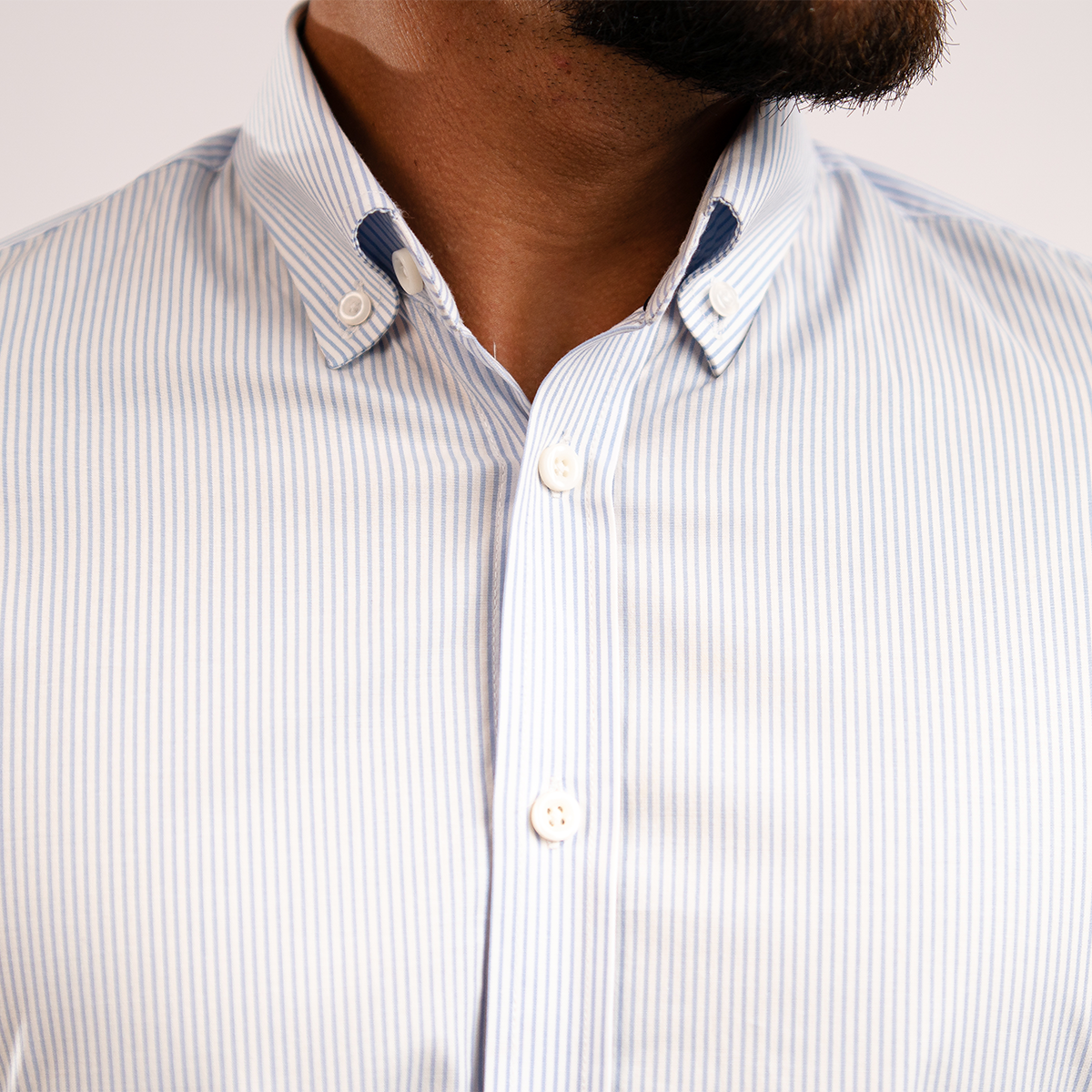 Camisa Algodón Stretch Rayas Celeste Manga Corta Slim Fit