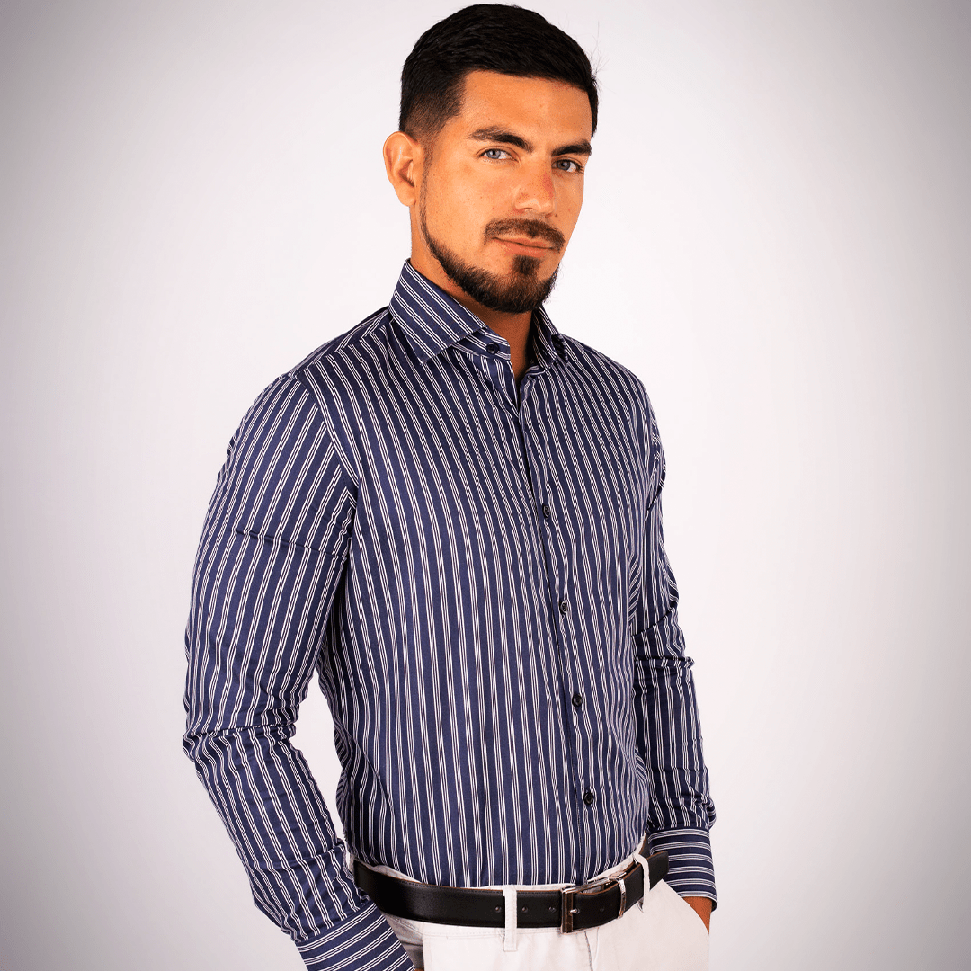 Camisa Slim Fit Rayas Azul Algodón Stretch - BARBADENS