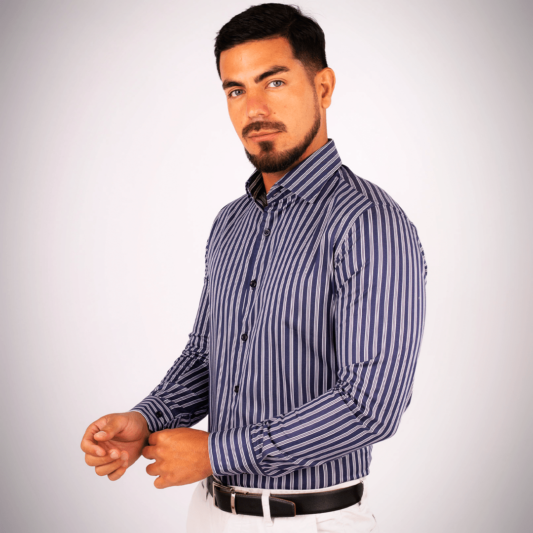 Camisa Slim Fit Rayas Azul Algodón Stretch - BARBADENS