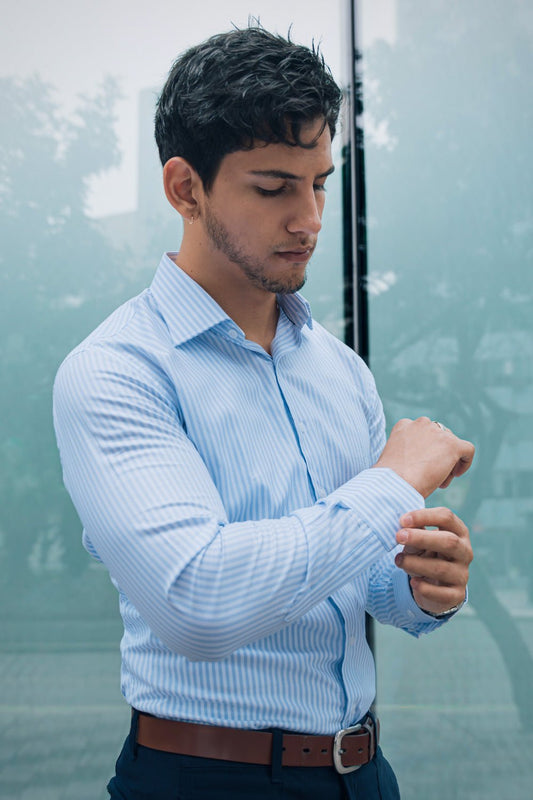 Preventa - Camisa Rayas Celeste Bambú Stretch Slim Fit - BARBADENS