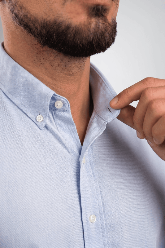 Preventa - Camisa Azurro Royal Oxford Algodón Pima Manga Corta Slim Fit - BARBADENS