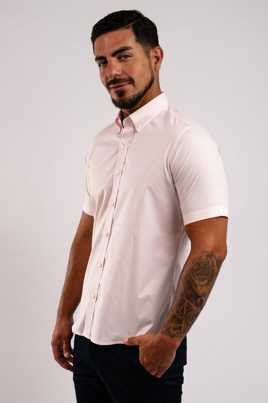 Camisa Algodón Stretch Rayas Rosada Manga Corta Slim Fit - BARBADENS
