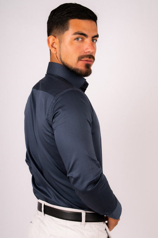 Preventa - Camisa Azul Acero Algodón Stretch Slim Fit - BARBADENS