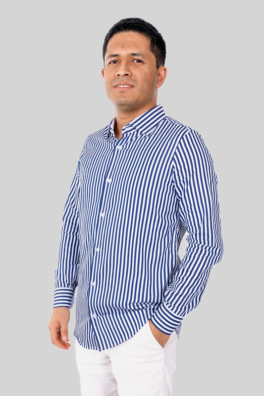 Preventa - Camisa Rayas Azul Dobby 100% Pima Slim Fit - BARBADENS