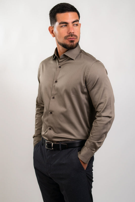 Preventa - Camisa Café Algodón Stretch Slim Fit - BARBADENS
