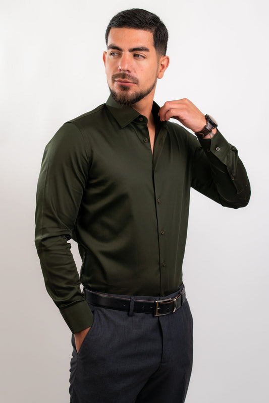Preventa - Camisa Verde Militar Algodón Stretch Slim Fit - BARBADENS
