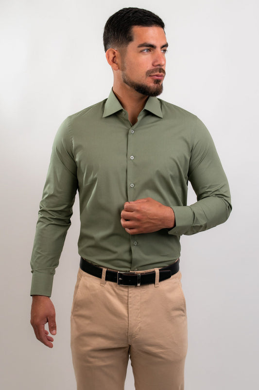 Camisa Verde Olivo Algodón Strecth Slim Fit - BARBADENS