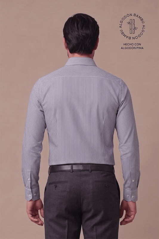 Preventa - Camisa Rayas Azul Bambú Algodón Stretch Slim Fit - BARBADENS