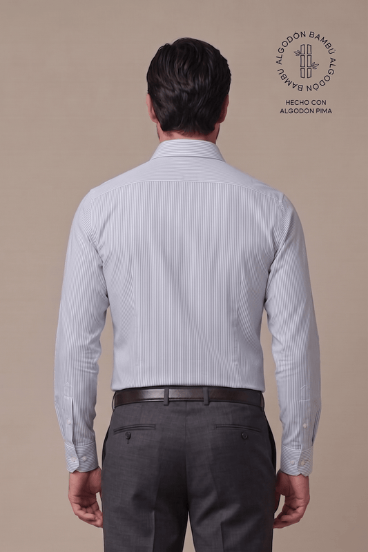 Preventa - Camisa Rayas Celeste Algodón Bambú Slim Fit - BARBADENS