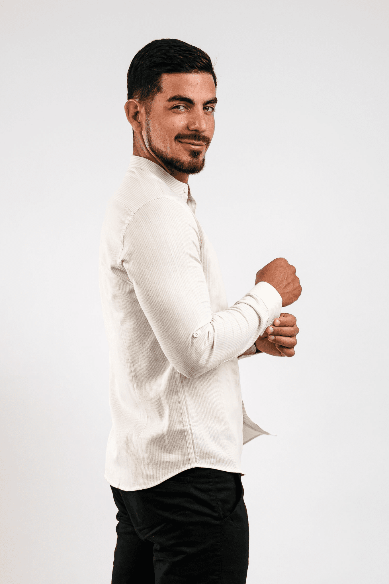 Camisa Lino Algodón Rayas Beige Cuello Nerú Slim Fit - BARBADENS