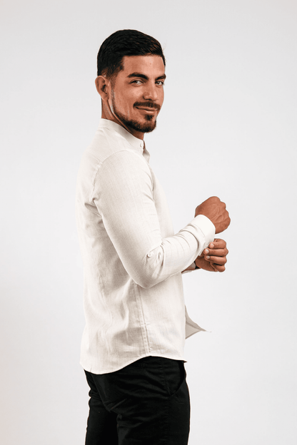 Camisa Lino Algodón Rayas Beige Cuello Nerú Slim Fit - BARBADENS