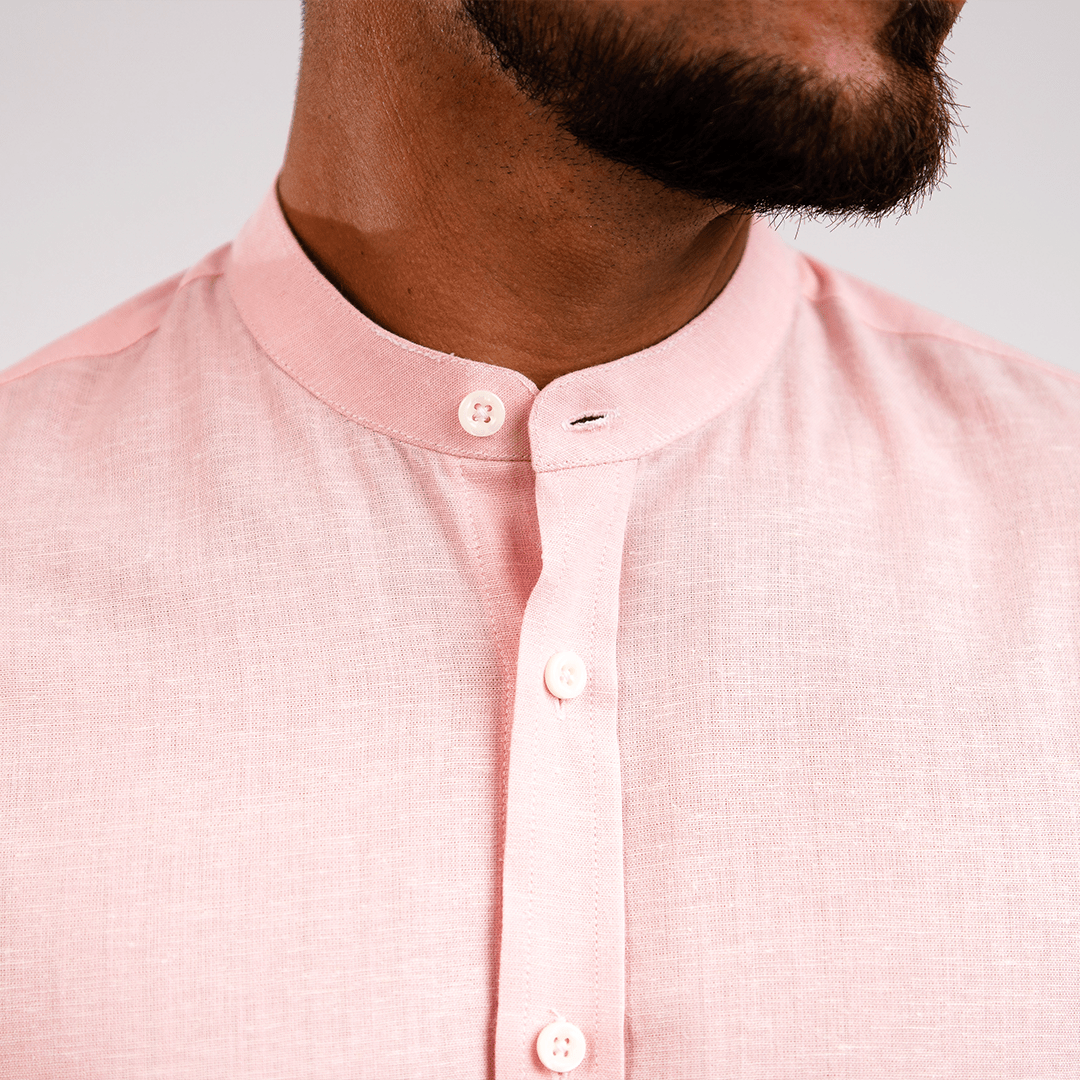 Camisa Lino Algodón Rosada Cuello Nerú Slim Fit - BARBADENS