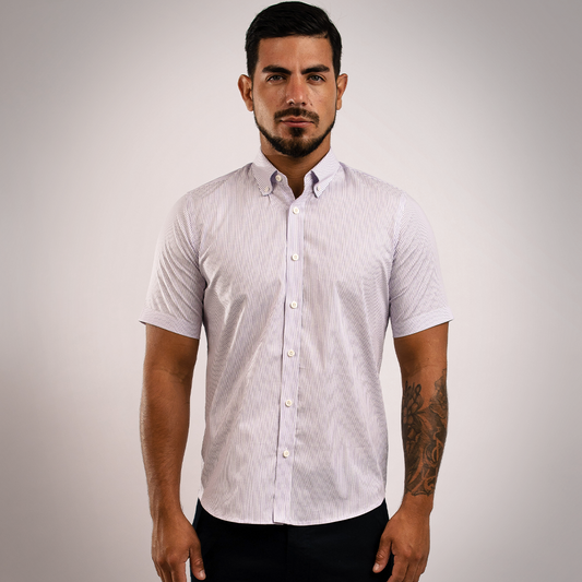 Camisa Algodón Stretch Rayas Lila Manga Corta Slim Fit