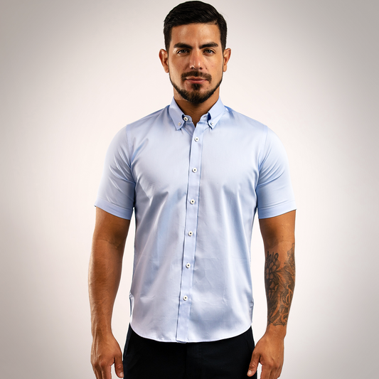 Camisa Algodón Stretch Celeste Manga Corta Slim Fit
