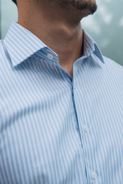 Preventa - Camisa Rayas Celeste Bambú Stretch Slim Fit - BARBADENS