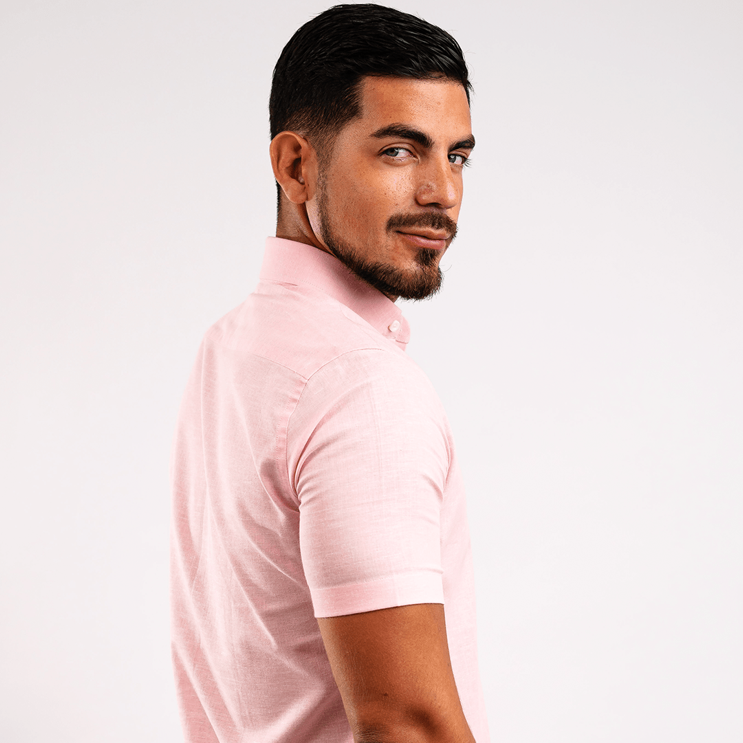 Camisa Lino Algodón Rosada Manga Corta Slim Fit - BARBADENS