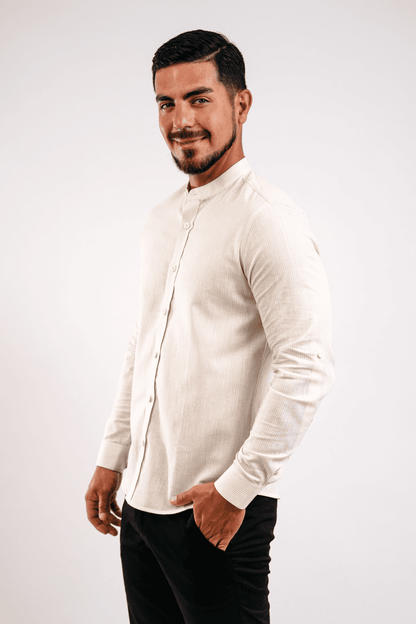 Camisa Lino Algodón Rayas Beige Cuello Nerú Slim Fit - BARBADENS