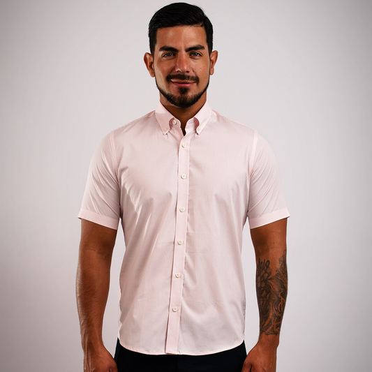 Camisa Algodón Stretch Rayas Rosada Manga Corta Slim Fit