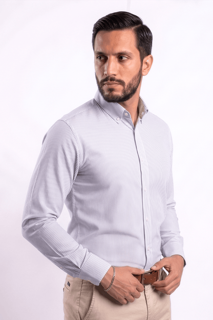 Preventa - Camisa Rayas Celeste Algodón Stretch Slim Fit - BARBADENS