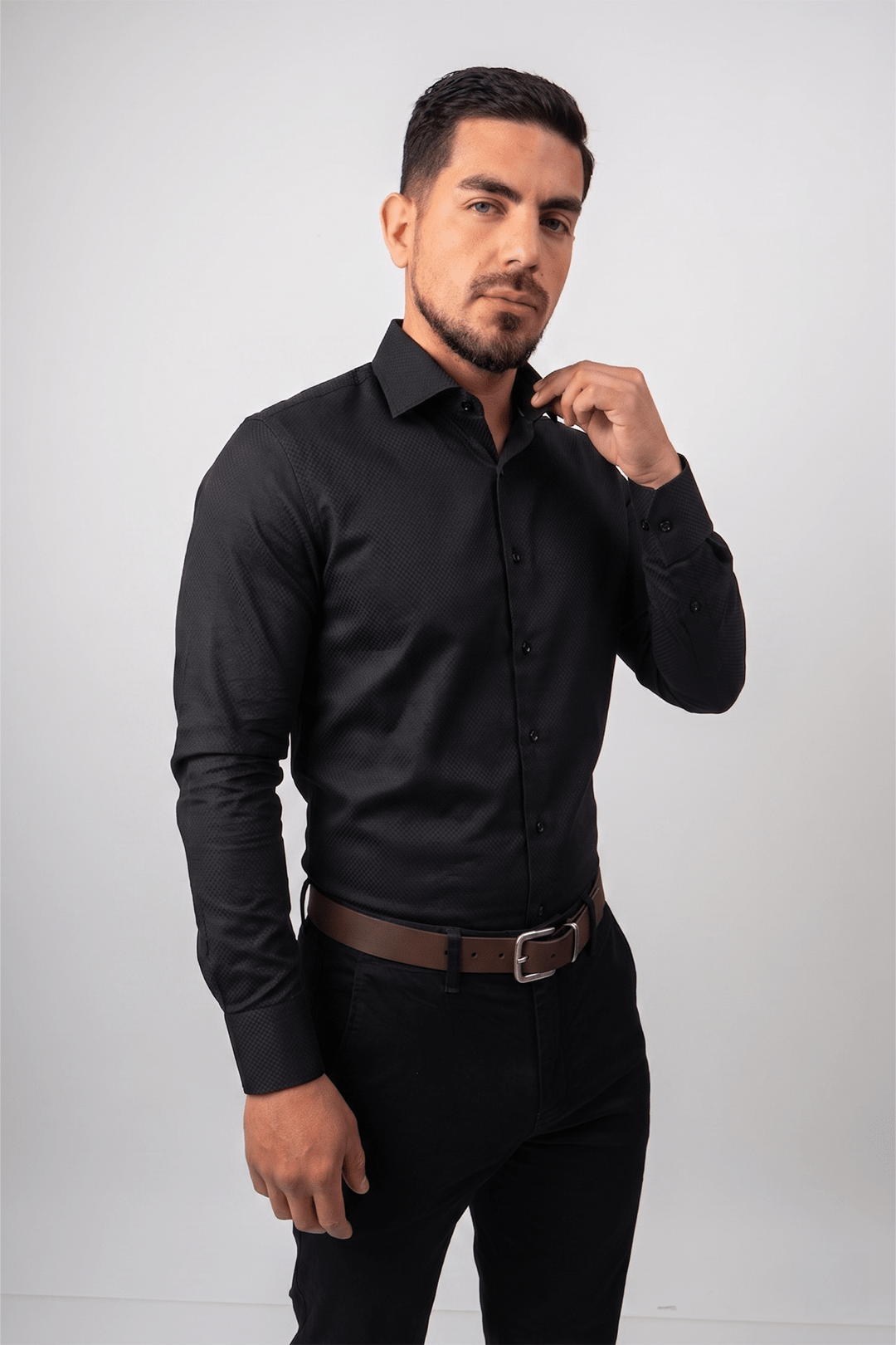 Preventa - Camisa Negra Dobby 100% Pima Slim Fit - BARBADENS