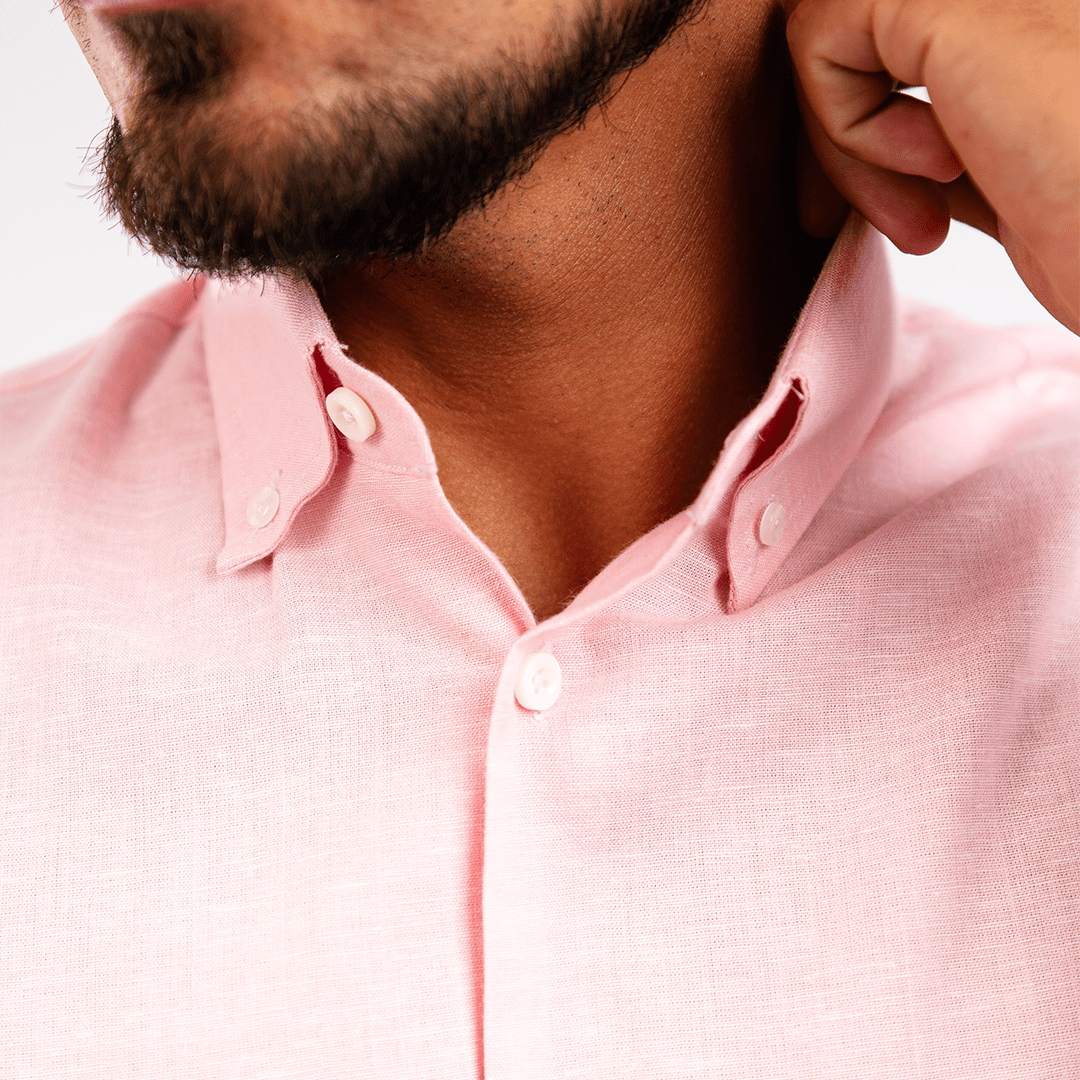Camisa Lino Algodón Rosada Manga Corta Slim Fit - BARBADENS