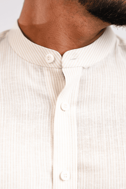 Camisa Lino Algodón Rayas Beige Cuello Nerú Slim Fit - BARBADENS