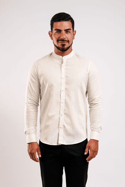 Camisa Lino Algodón Rayas Beige Cuello Nerú Slim Fit - BARBADENS