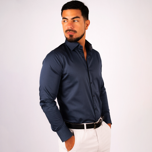 Camisa Azul Acero Algodón Stretch Slim Fit