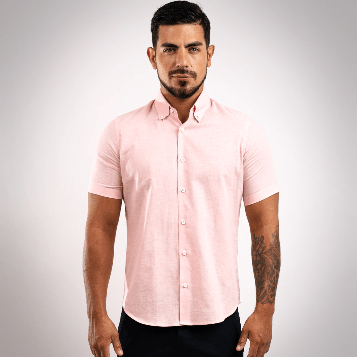 Camisa Lino Algodón Rosada Manga Corta Slim Fit - BARBADENS