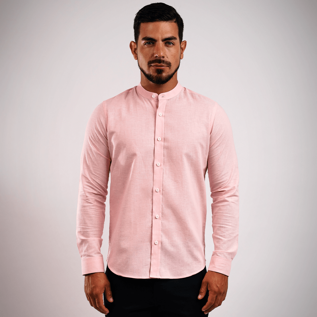 Camisa Lino Algodón Rosada Cuello Nerú Slim Fit - BARBADENS