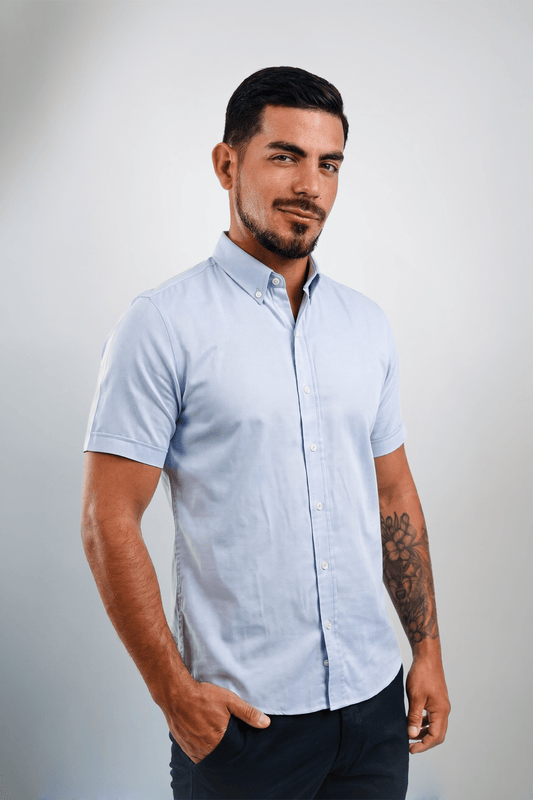Preventa - Camisa Azurro Royal Oxford Algodón Pima Manga Corta Slim Fit - BARBADENS
