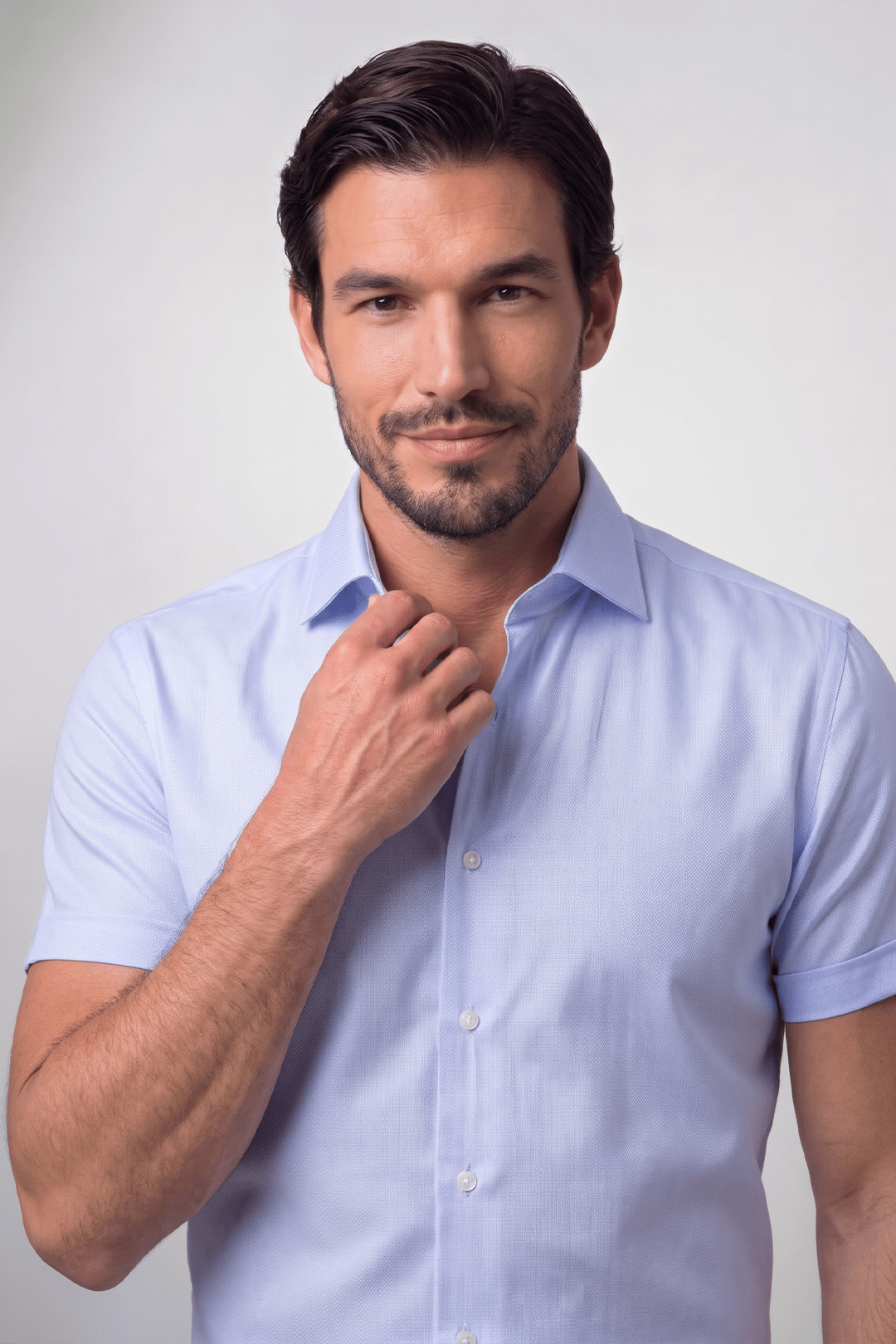 Preventa - Camisa Celeste Algodón Bambú Stretch Manga Corta Slim Fit - BARBADENS