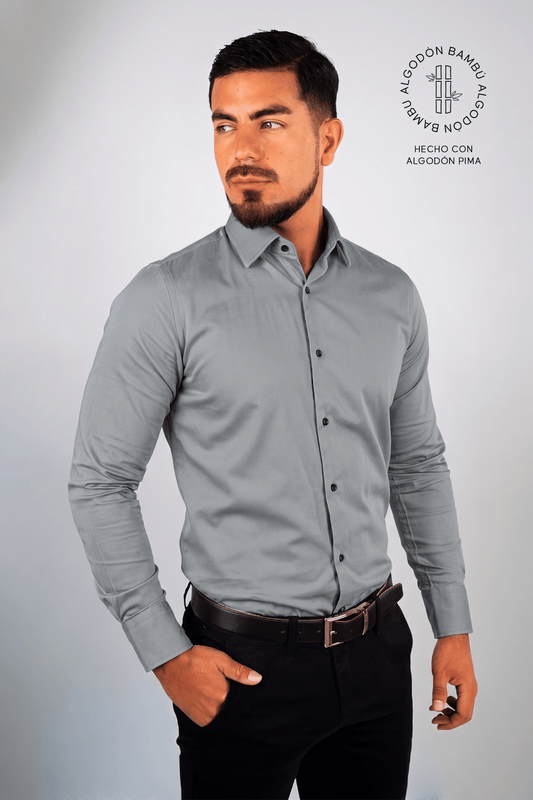 Preventa - Camisa Gris Algodón Bambú Stretch Slim Fit - BARBADENS