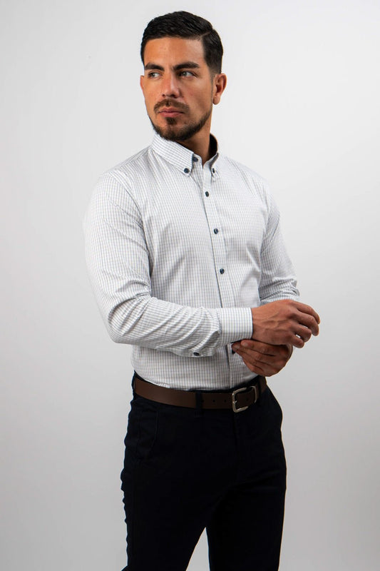 Preventa - Camisa Blanca Cuadros Dobby 100% Pima Slim Fit - BARBADENS