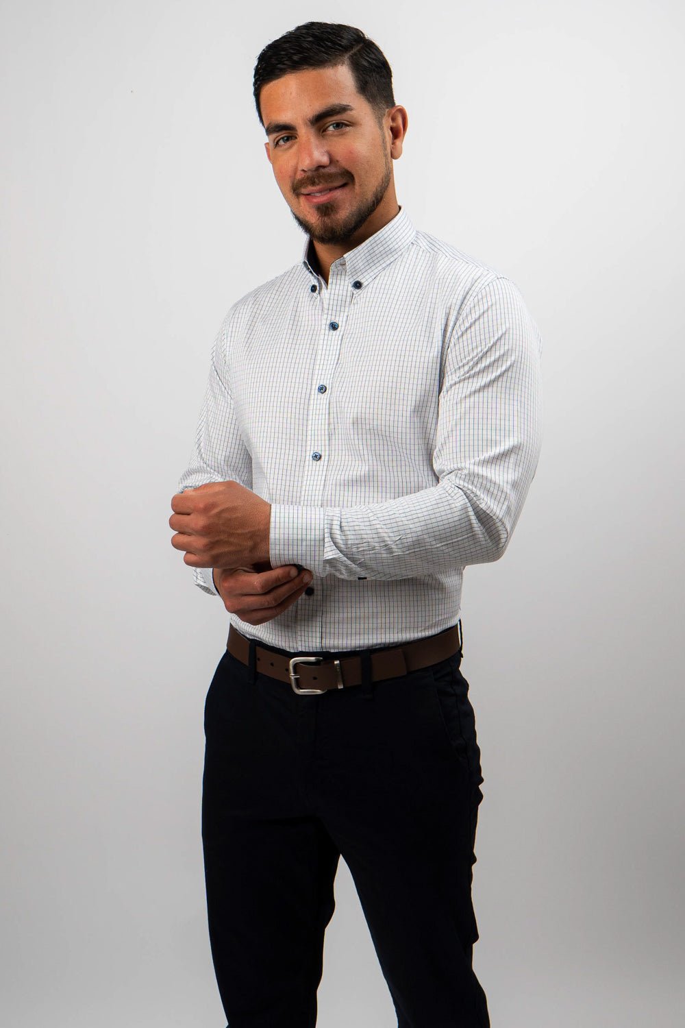 Preventa - Camisa Blanca Cuadros Dobby 100% Pima Slim Fit - BARBADENS