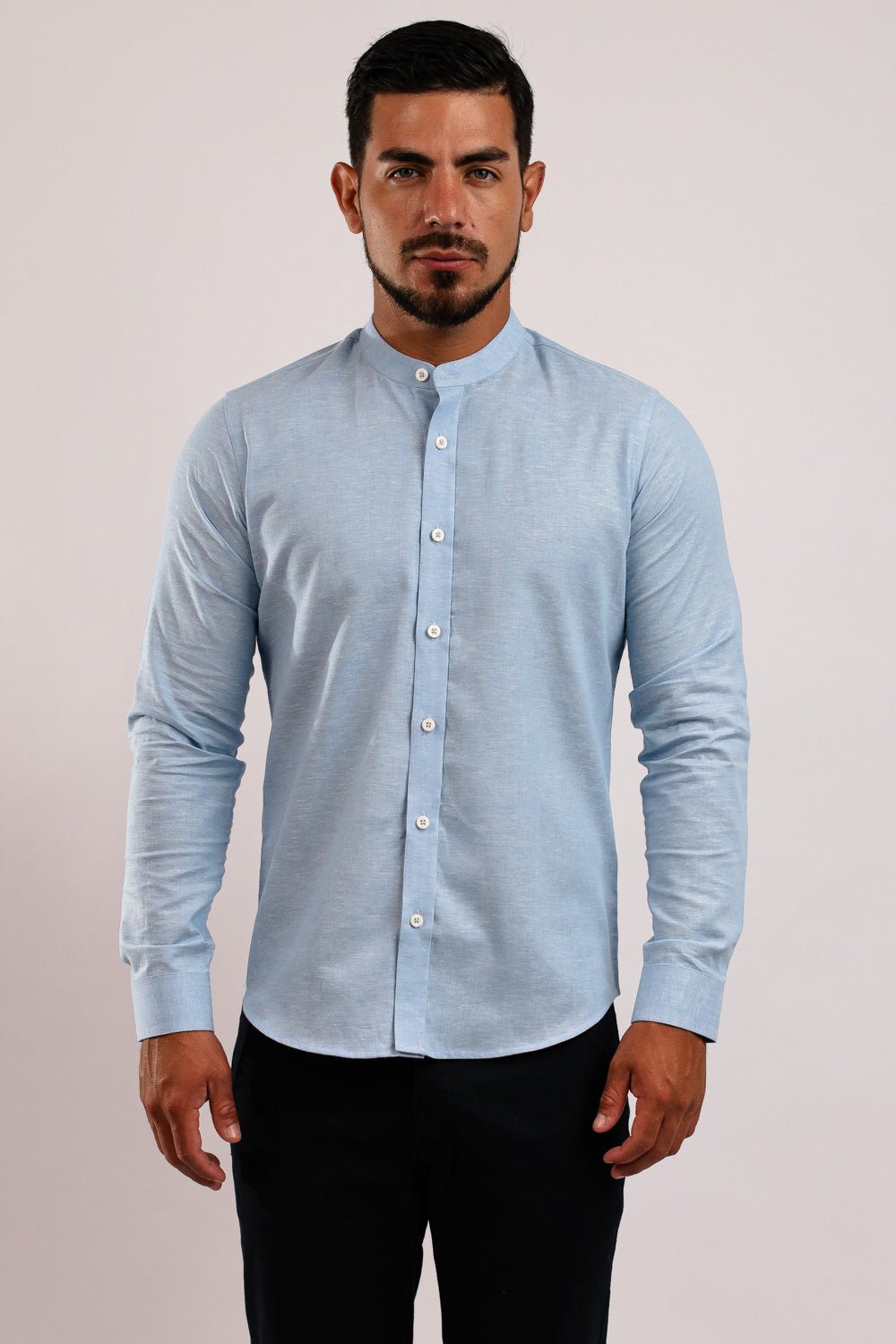 Camisa Lino Algodón Celeste Cuello Nerú Slim Fit - BARBADENS