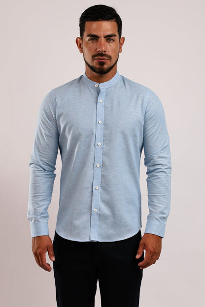 Camisa Lino Algodón Celeste Cuello Nerú Slim Fit - BARBADENS