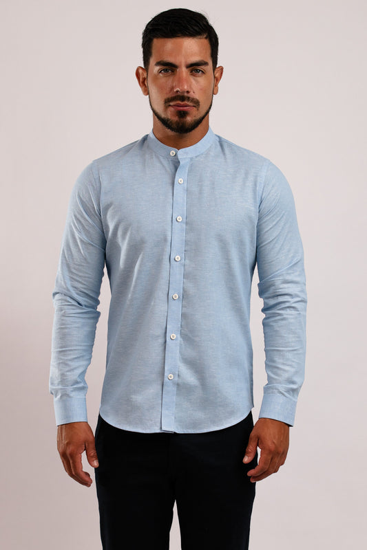 Camisa Lino Algodón Celeste Cuello Nerú Slim Fit