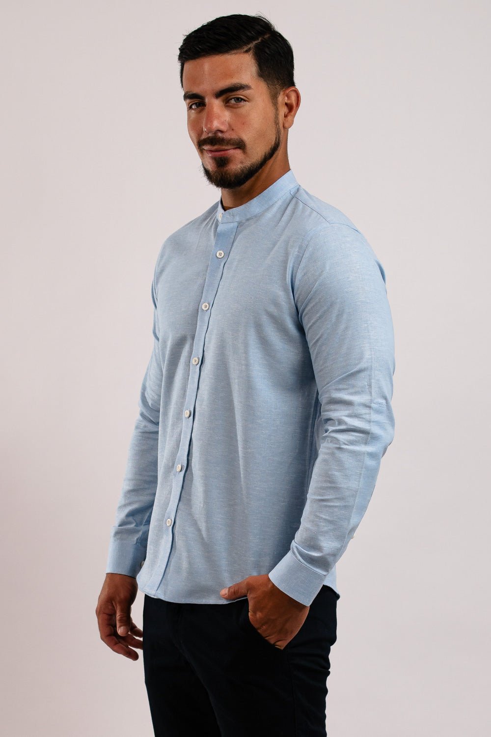Camisa Lino Algodón Celeste Cuello Nerú Slim Fit - BARBADENS