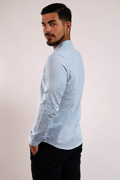 Camisa Lino Algodón Celeste Cuello Nerú Slim Fit - BARBADENS