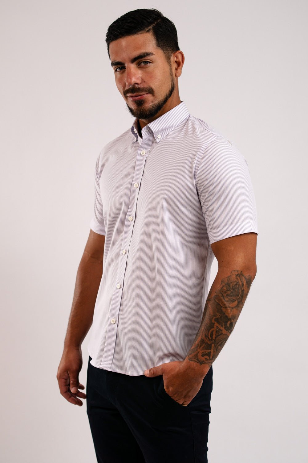 Camisa Algodón Stretch Rayas Lila Manga Corta Slim Fit - BARBADENS