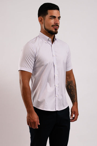 Camisa Algodón Stretch Rayas Lila Manga Corta Slim Fit - BARBADENS