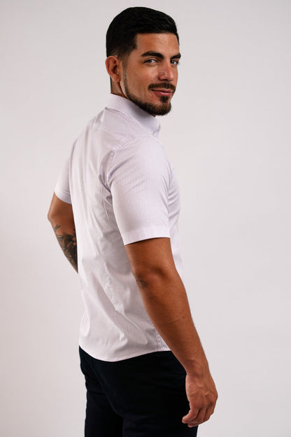 Camisa Algodón Stretch Rayas Lila Manga Corta Slim Fit - BARBADENS
