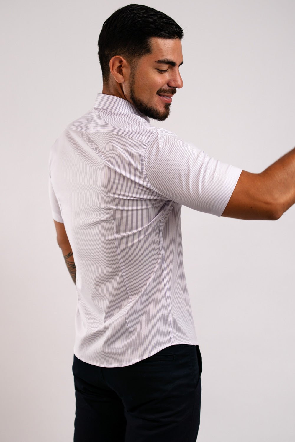 Camisa Algodón Stretch Rayas Lila Manga Corta Slim Fit - BARBADENS