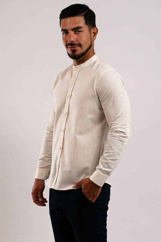 Camisa Lino Algodón Natural Cuello Nerú Slim Fit