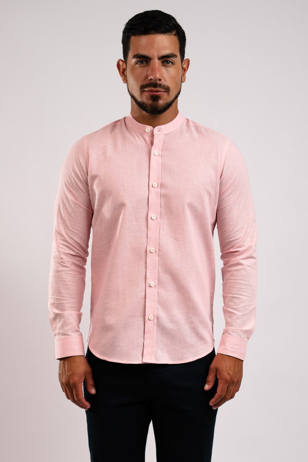 Camisa Lino Algodón Rosada Cuello Nerú Slim Fit - BARBADENS