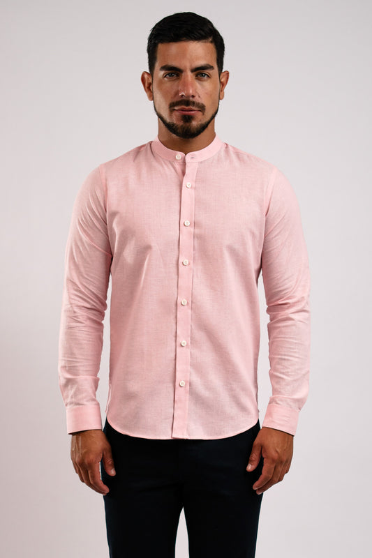 Camisa Lino Algodón Rosada Cuello Nerú Slim Fit