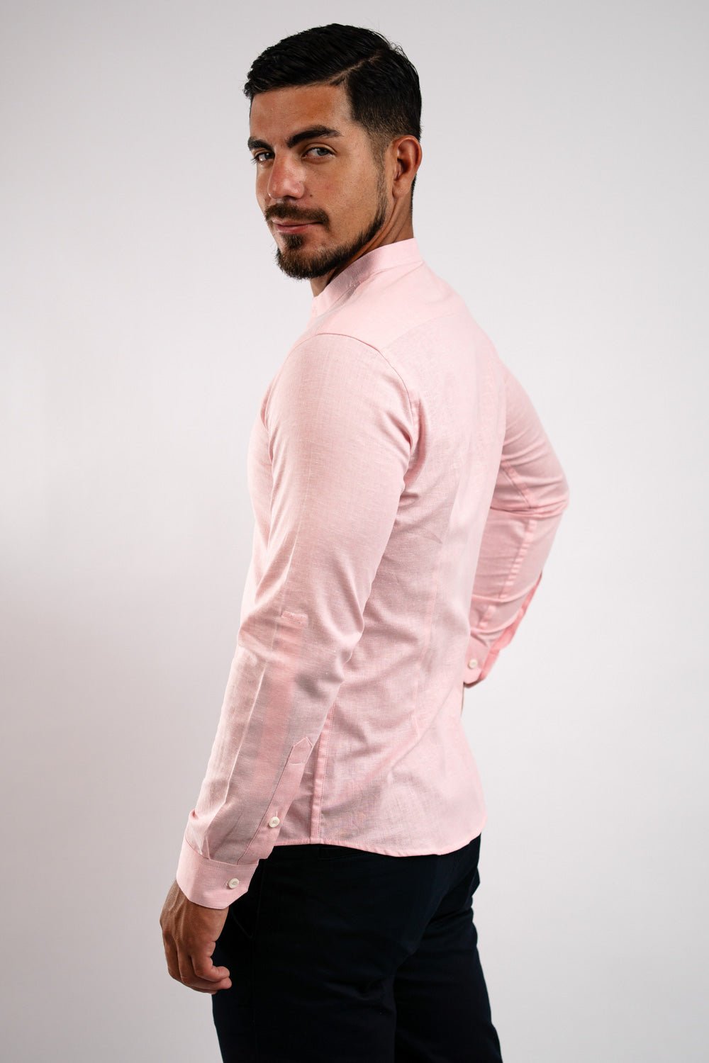 Camisa Lino Algodón Rosada Cuello Nerú Slim Fit - BARBADENS