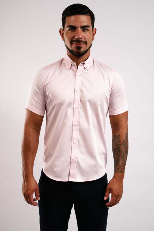 Camisa Algodón Stretch Rosada Manga Corta Slim Fit